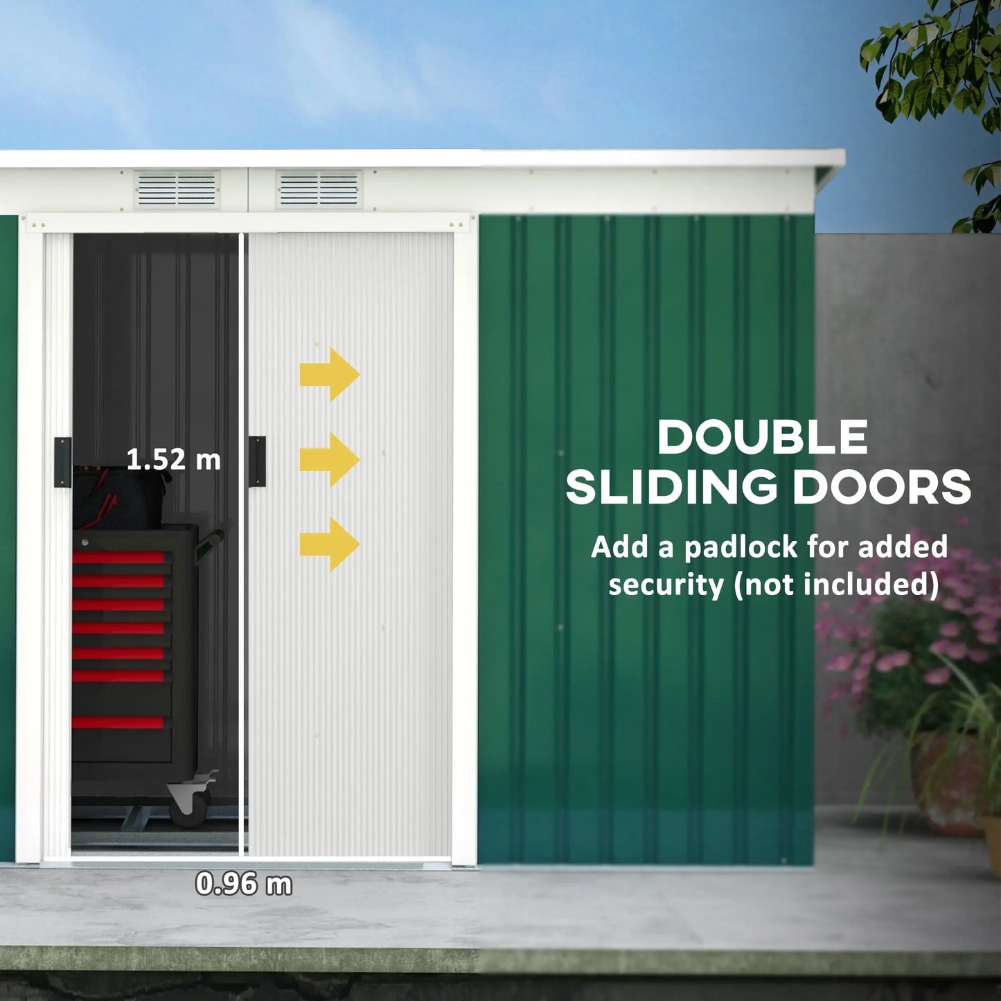 9'x4.5'x5.5' Rust Resistant Metal Garden Shed, Vented, Green/White, Perfect for Backyard Lawn Tool Storage Garden Essentials Good Vibrations