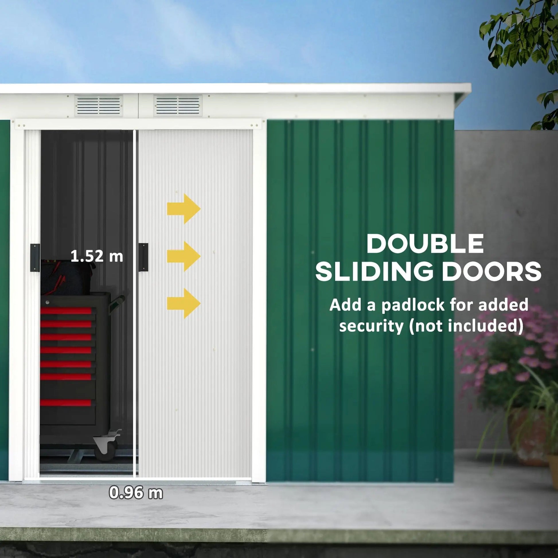 9'x4.5'x5.5' Rust Resistant Metal Garden Shed, Vented, Green/White, Perfect for Backyard Lawn Tool Storage Garden Essentials Good Vibrations