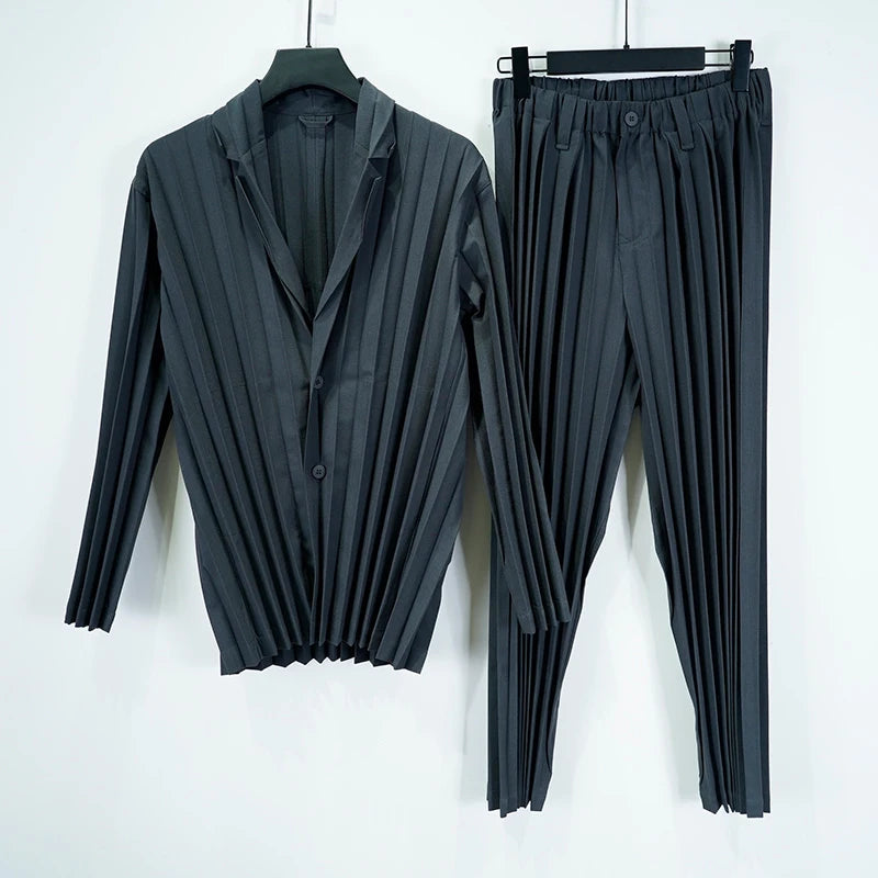 Miyake Pleated Men's Suit Solid-Color Pleats Blazer + Slim-Fit Straight-Leg Pants Plisse 2025 Fall New Minimalist Fold Suit Good Vibrations