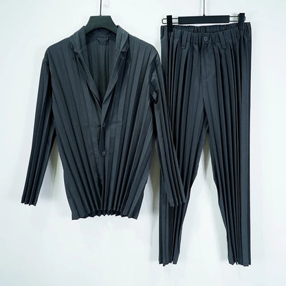 Miyake Pleated Men's Suit Solid-Color Pleats Blazer + Slim-Fit Straight-Leg Pants Plisse 2025 Fall New Minimalist Fold Suit Good Vibrations