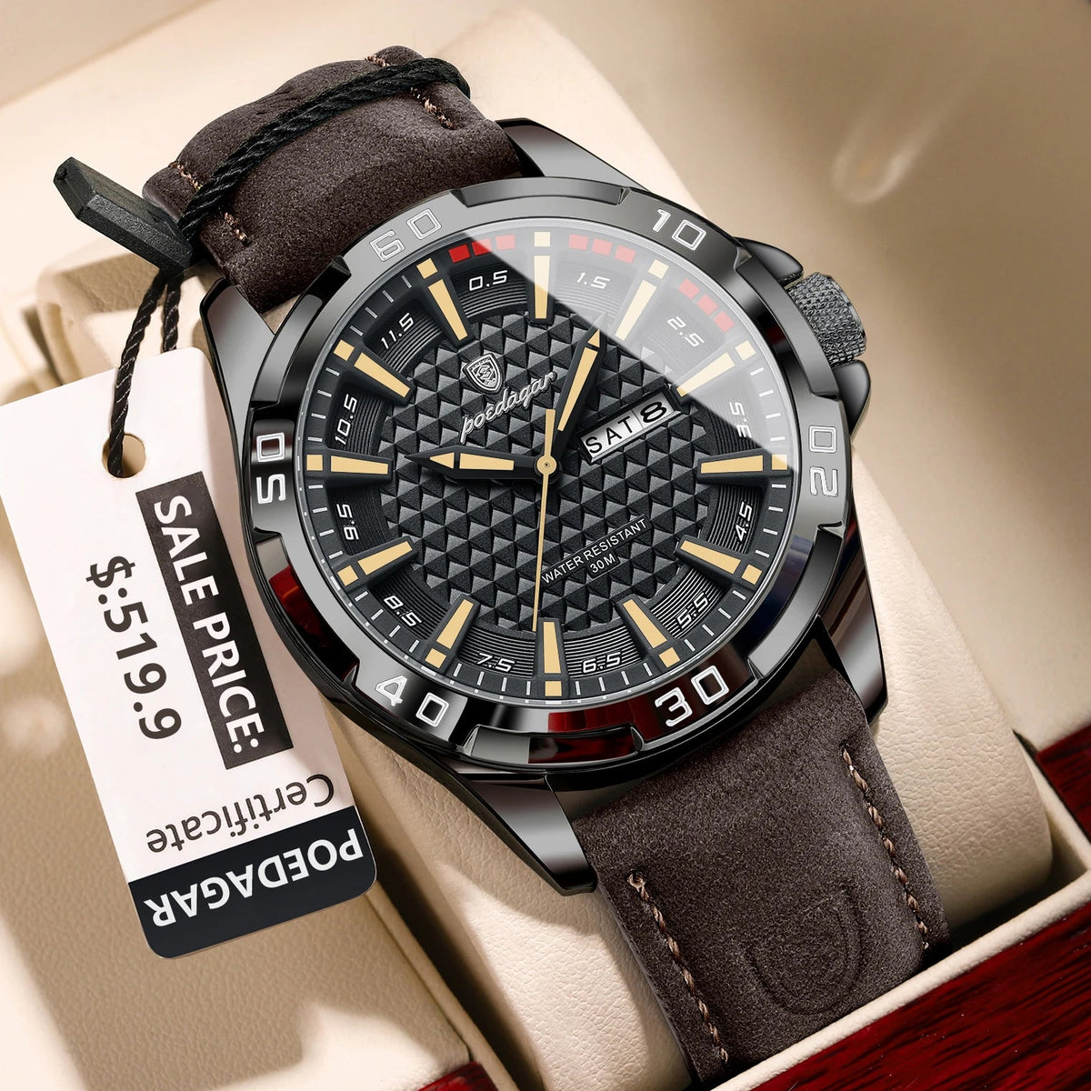 POEDAGAR Original Man Wristwatch Top Luxury Waterproof Luminous Date Week Watch For Men Quartz Sport Leather Men's Watches Reloj Good Vibrations