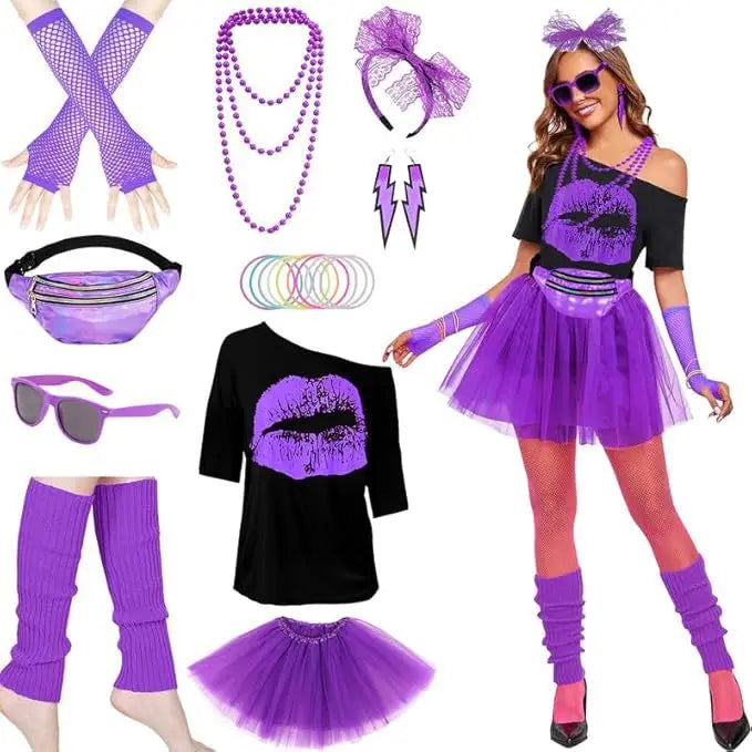 Women 80s Vintage Outfit Drop Shoulder Tee Tutu Skirt Waist Bag Necklace Earrings Bracelet Ankle Socks Costume Set Good Vibrations