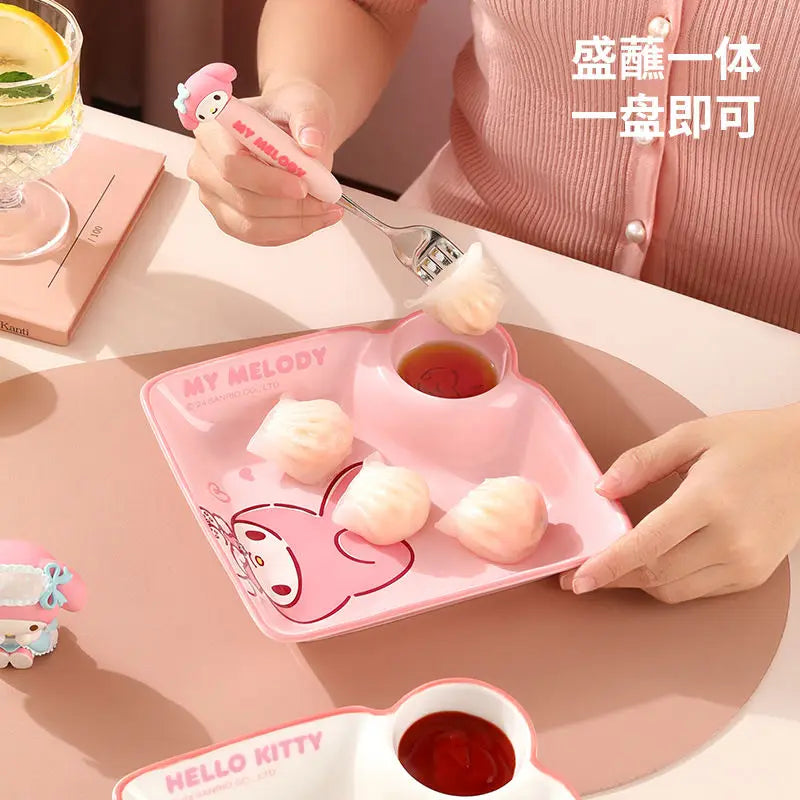 Cute Cartoon Sanrioed My Melody Hellokitty Cinnamoroll Ceramic Dumpling Plate with Vinegar Dish for Children's Breakfast At Home Good Vibrations