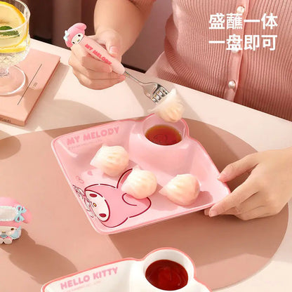 Cute Cartoon Sanrioed My Melody Hellokitty Cinnamoroll Ceramic Dumpling Plate with Vinegar Dish for Children's Breakfast At Home Good Vibrations