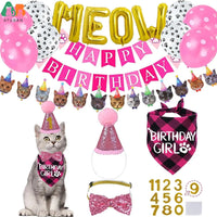 Cat Birthday Party Supplies,Cat Birthday Hat with Cat Birthday Bandana Bow Tie Collar Birthday Number Cat Birthday Decorations Good Vibrations