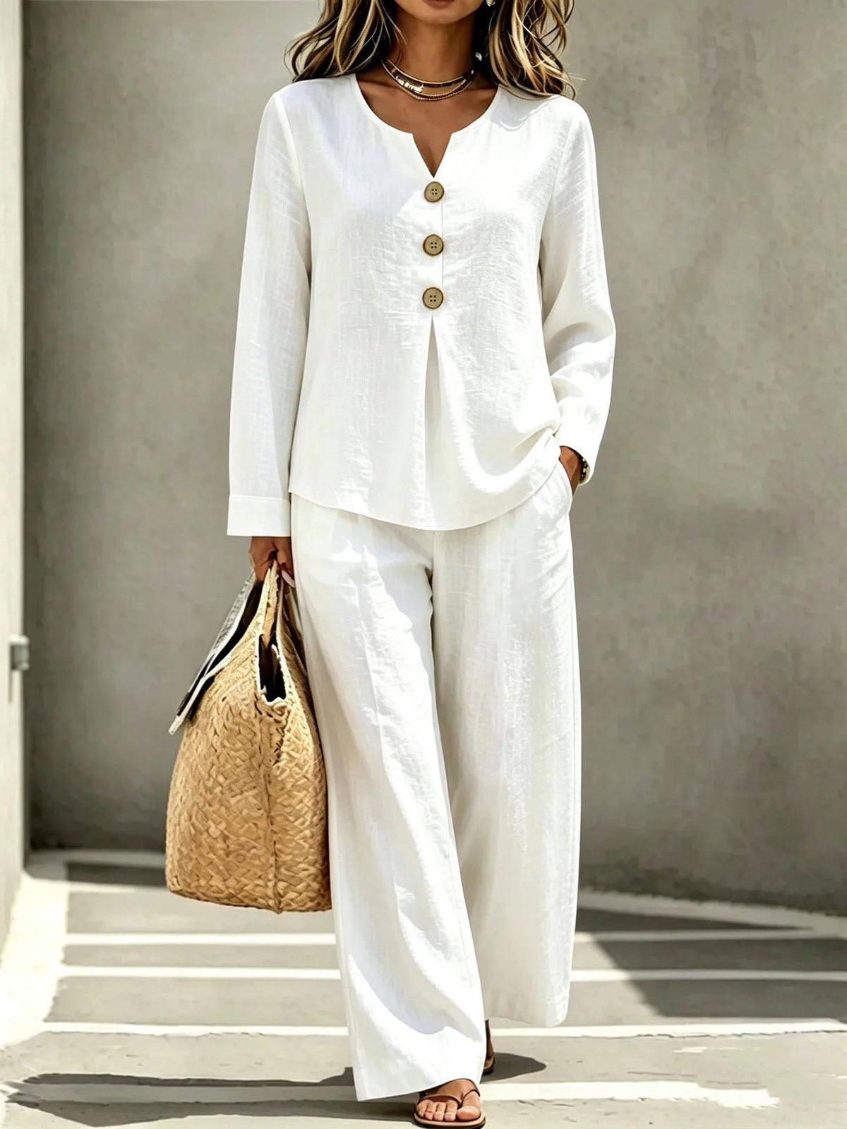 Women 2‑Piece Outfit Set Long Sleeve V‑Neck Top Wide Leg Pants Loose Casual Daily Suit Good Vibrations