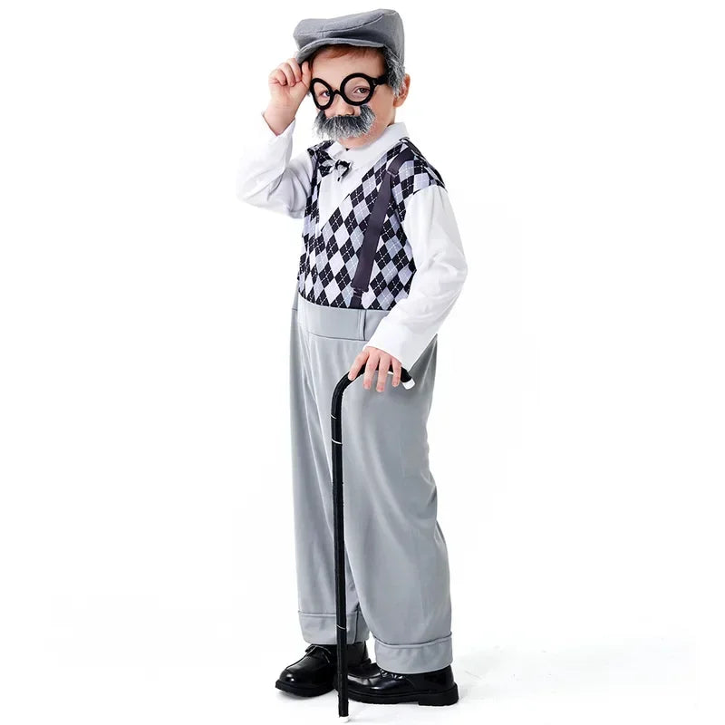 Halloween Cosplay Old Man Costume for Kids 100th Day of School Grandpa Costume Accessories Including Hat Glasses Beard Gangster Good Vibrations