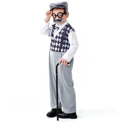 Halloween Cosplay Old Man Costume for Kids 100th Day of School Grandpa Costume Accessories Including Hat Glasses Beard Gangster Good Vibrations