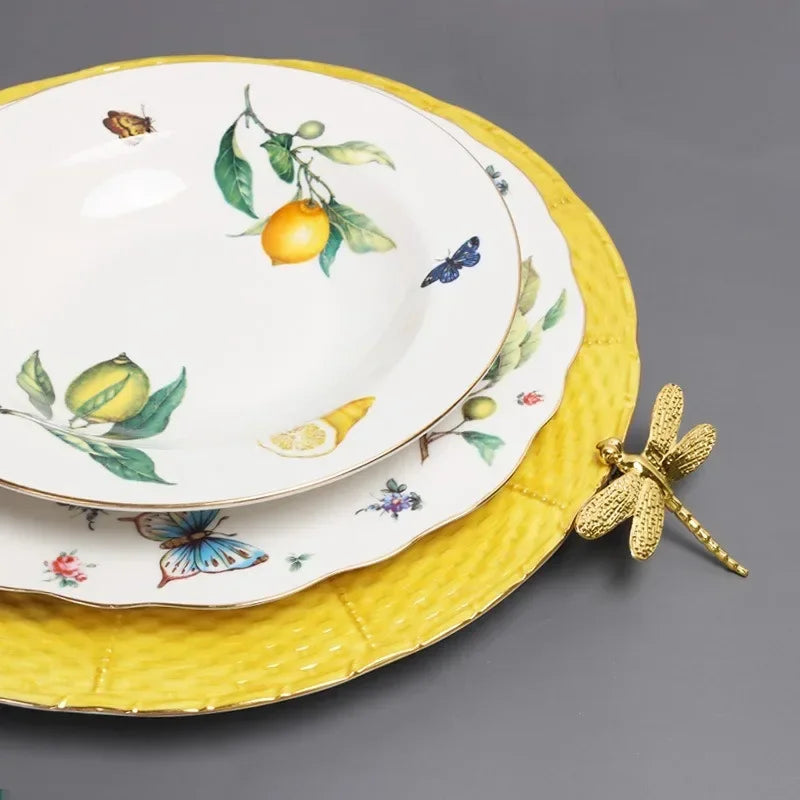 Europeanc Style Ceramic Dining Plate Elegant Lemon Pattern Dinner Steak Plate Coffee Cup Set Western Cuisine Dessert Plate Good Vibrations