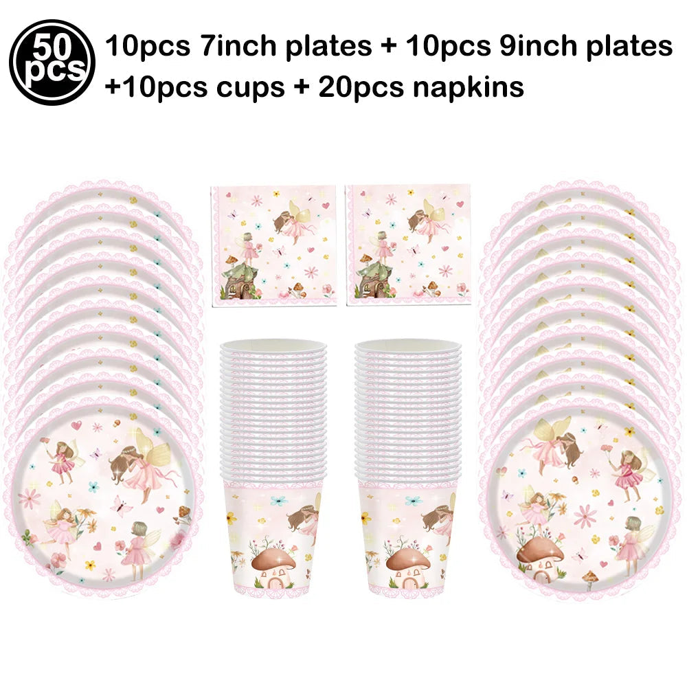 Fairy Party Supplies for Girl Birthday Fairies Enchanted Themed Baby Shower Party Decor Garden Flower Disposable Tableware Decor Good Vibrations