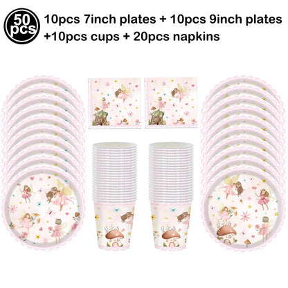 Fairy Party Supplies for Girl Birthday Fairies Enchanted Themed Baby Shower Party Decor Garden Flower Disposable Tableware Decor Good Vibrations