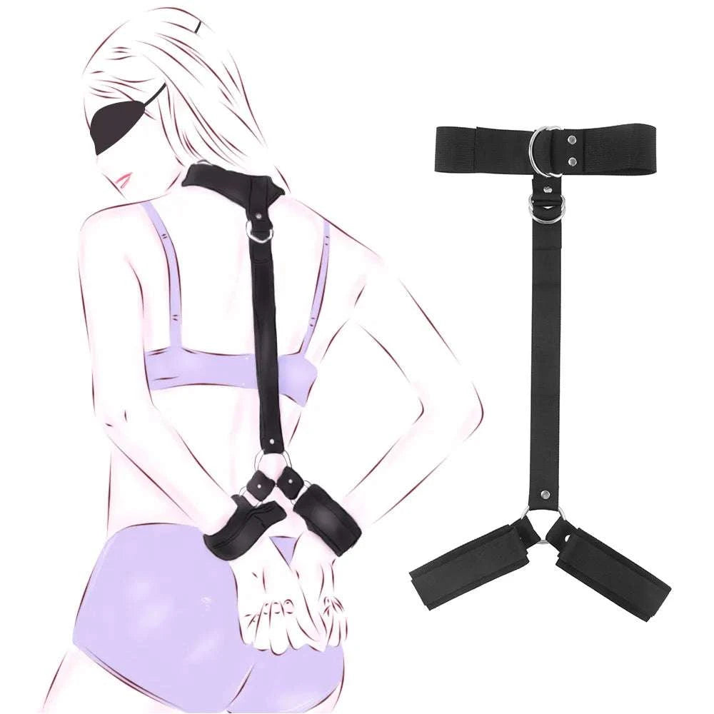BDSM back handcuff restraint collar, adjustable fetish bondage set for couples.