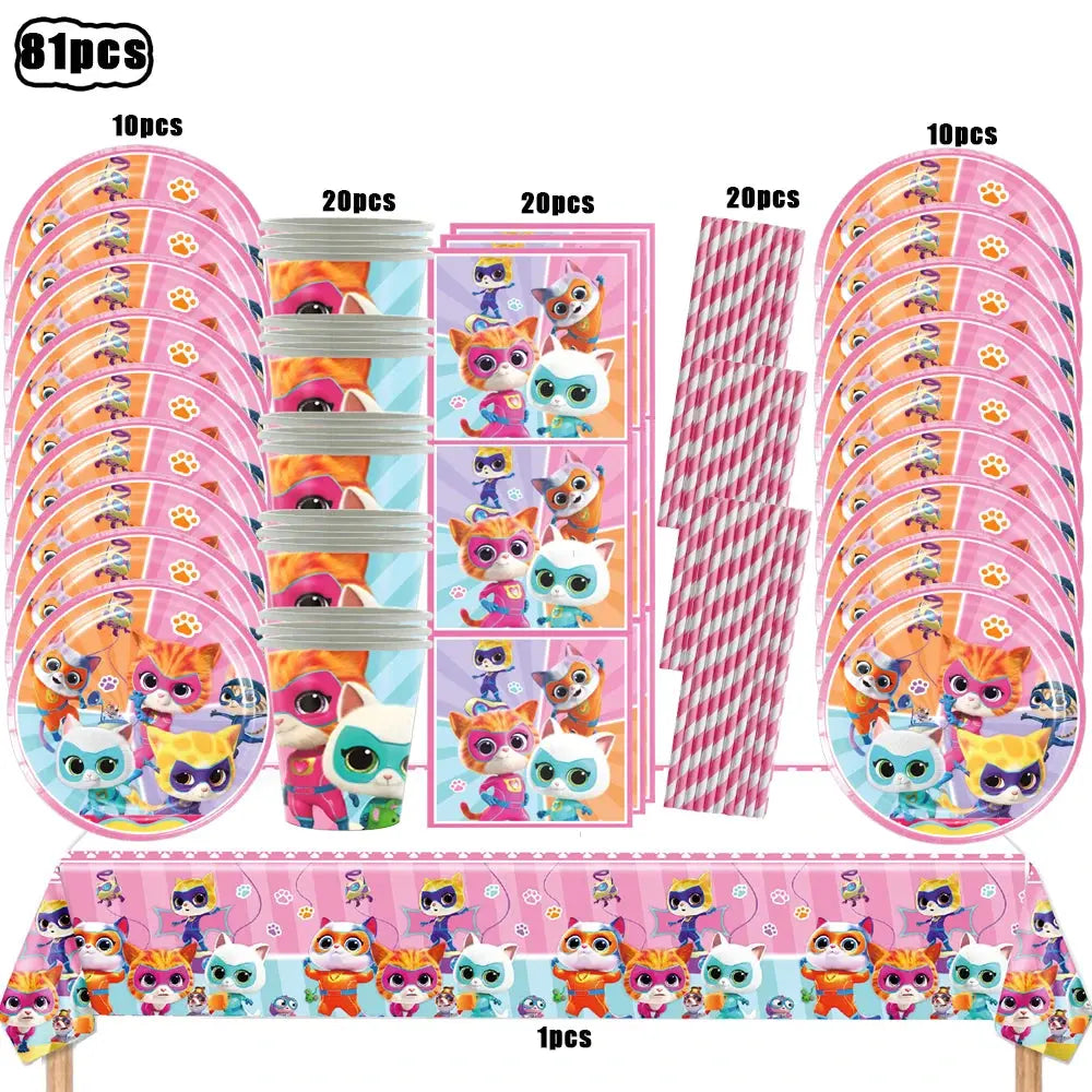 Superkitties Happy Birthday Party Decor Paw Meow Cat Super Kitties Tableware Tablecloth Plate Cup Gift Set Kid Party Supplie Toy Good Vibrations