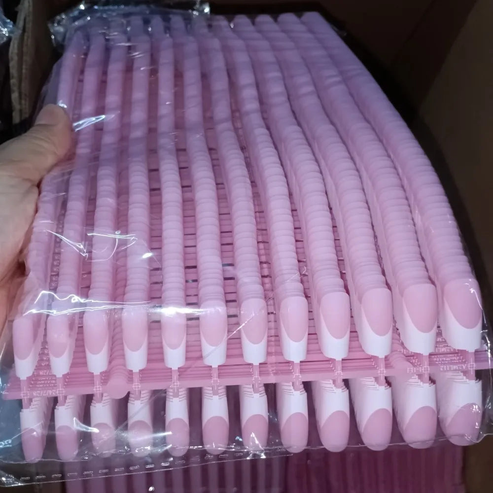 120pcs Pink French Tip Press-On Nails Medium Length Square Shape With Glossy Finish False Nails Full Cover Pre-Shaped Fake Nails Good Vibrations