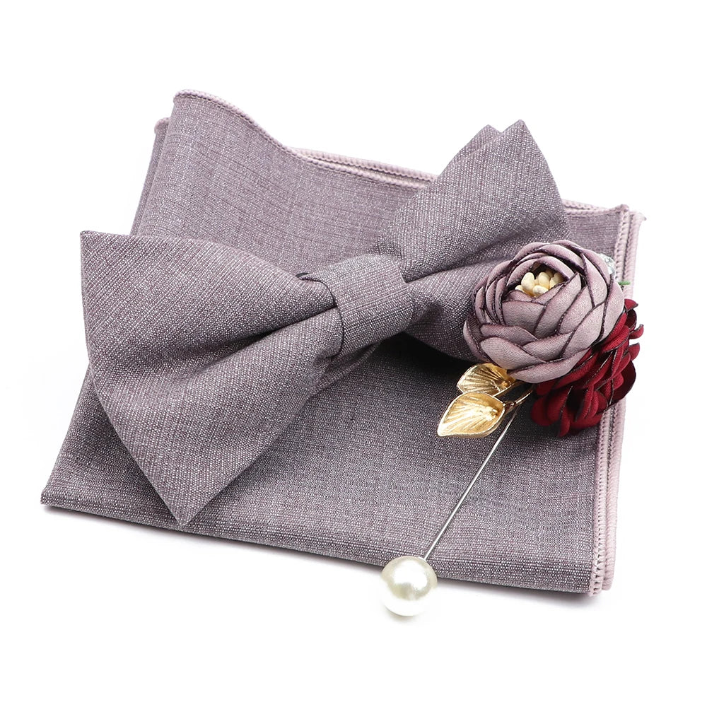 Mens Wedding Bowtie Brooch Set Romantic Solid Color Bamboo Fiber Bowknot Flower Lapel Pin Blue Pink Cravat Suit Shirt Accessory Good Vibrations