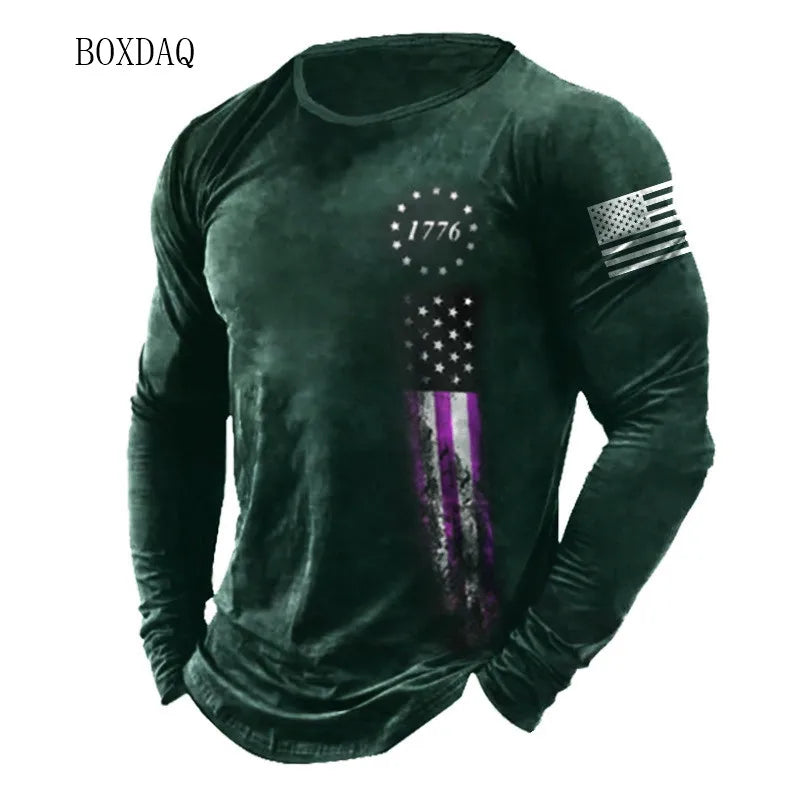 American Flag Pattern Men T-shirts Spring Autumn Long Sleeve 3d Print Street Fashion Tee 6XL Plus Size Male Clothing Casual Tops Good Vibrations