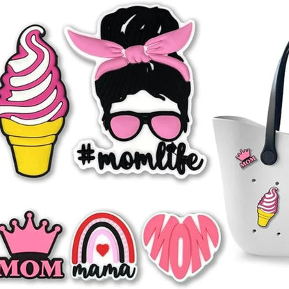 5 Pcs Mom Life Dog Summer Charms for Bogg Bag, PVC Rubber Totes Inserts Charms Accessories for Handbag Beach Tote Bag Good Vibrations