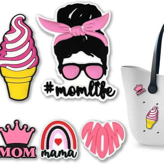 5 Pcs Mom Life Dog Summer Charms for Bogg Bag, PVC Rubber Totes Inserts Charms Accessories for Handbag Beach Tote Bag Good Vibrations