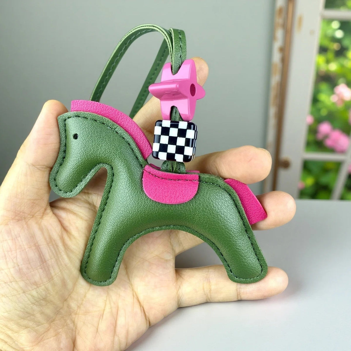 Chic PU Leather Pony Bag Charm, Lucky Clover & Checkered Bead Pendant, Y2K Boho Purse Accessory, Gift for Her Good Vibrations
