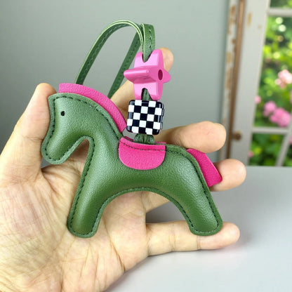 Chic PU Leather Pony Bag Charm, Lucky Clover & Checkered Bead Pendant, Y2K Boho Purse Accessory, Gift for Her Good Vibrations