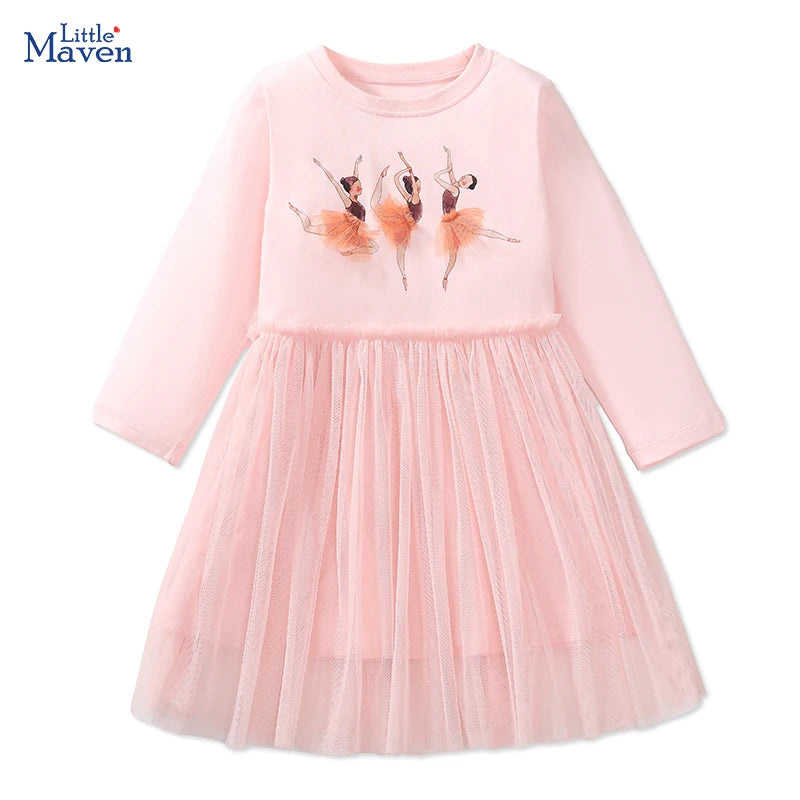 Little maven Kids Clothes Children's Clothing 2025 Autumn Cotton Baby Girls Cartoon Ballet Dancer Long Sleeves Dresses 2-7 year Good Vibrations