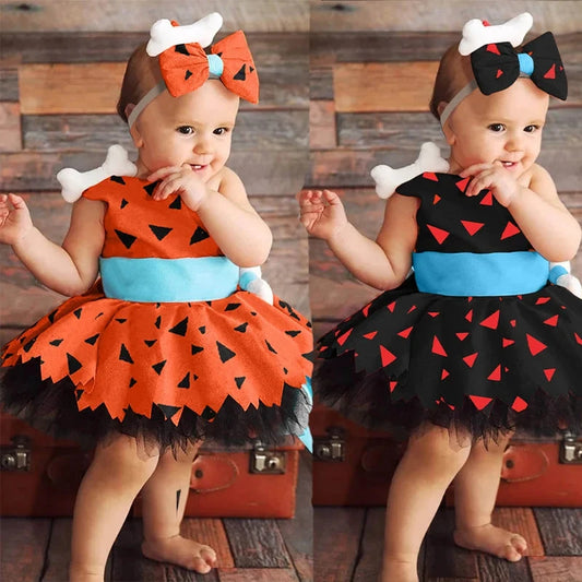 Halloween Elegant Girls Dress Toddler Kids Caveman Costume Dog Bones Historical Cavegirl Mesh Tulle Princess Dress Party Outfits Good Vibrations