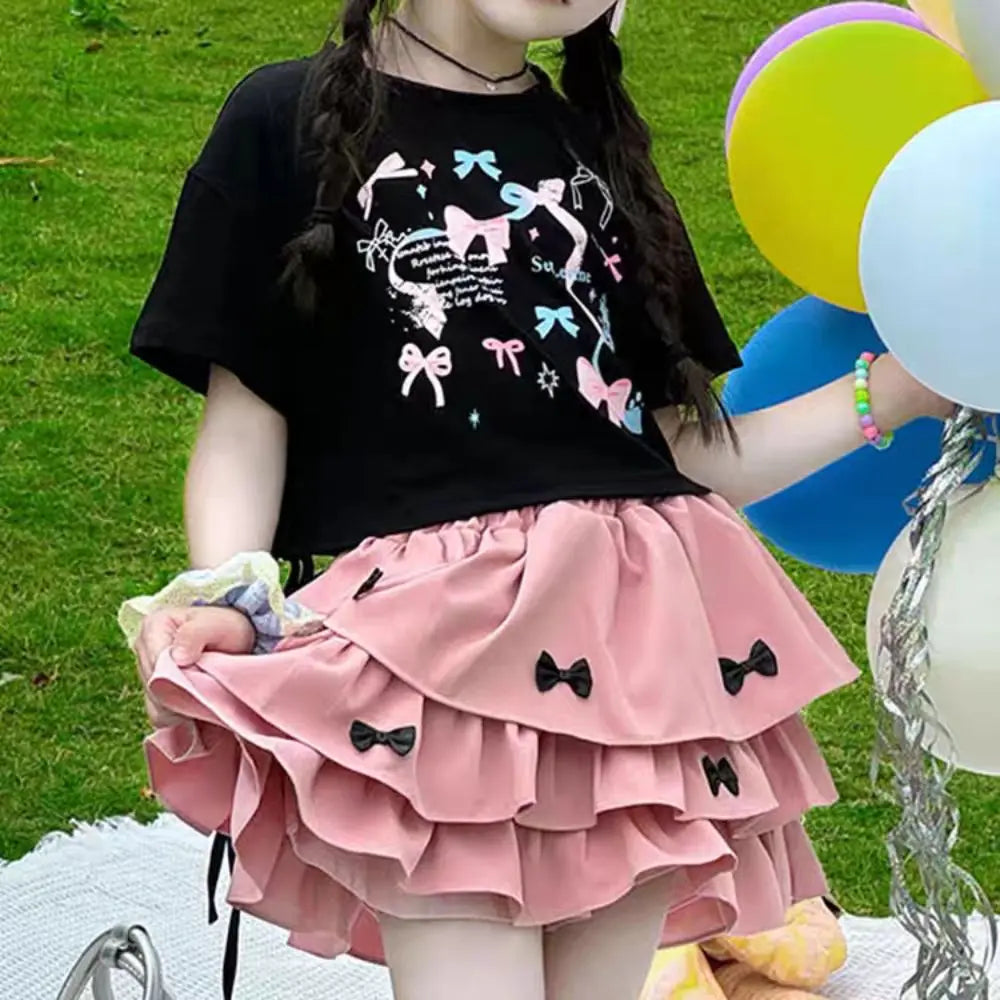 Outfits Y2K Bow Children Cake Skirt Set Pleated Teenagers T-shirt Skirt Suit Sweet Slim Fit Girls Clothes Set Summer Good Vibrations