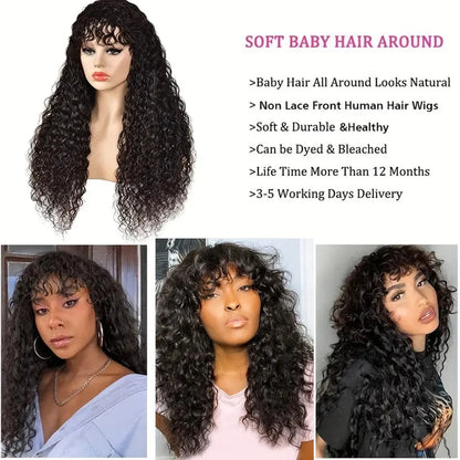 Water Wave Human Hair Wigs with Bangs None Lace Front Wigs Glueless Wigs Virgin Hair for Women 180% Machine Made Wigs Natural Good Vibrations