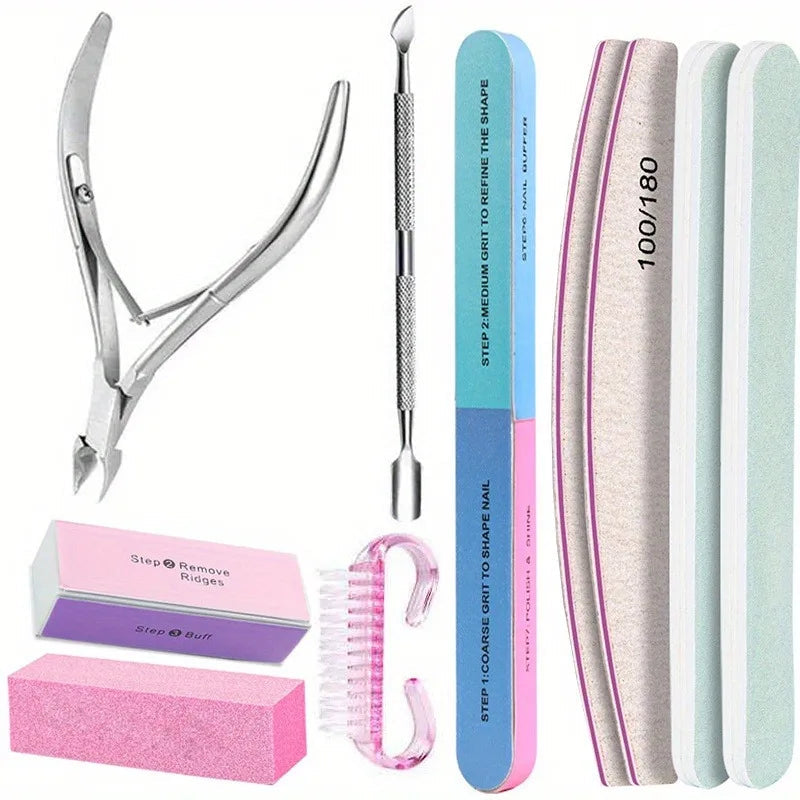 10Pcs/lot Nail Art 100/180 Grit Professional Files Buffer Sponge Block Brush Nail Scissors Kit With Cuticle Nipper Pushers Good Vibrations