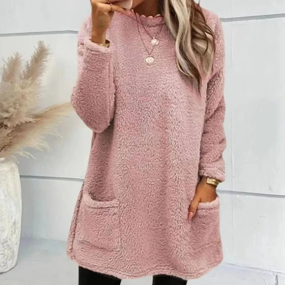 2025 Women Fall Winter Sweatshirt Thick Plush Windproof Sweatshirt Half-high Collar Warm Casual Mid Length Pockets Sweatshirt Good Vibrations
