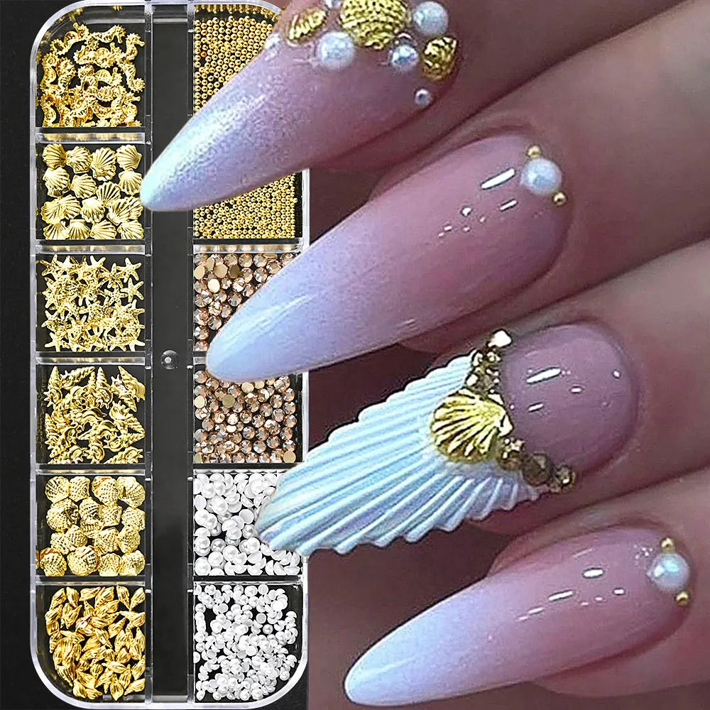 12Grid 3D Gold Ocean Rivet Nail Charms Mixed Seahorsea/Starfish /Conch Pearl/Mini Caviar Beads/Rhinestone Nail Jewery Decoration Good Vibrations