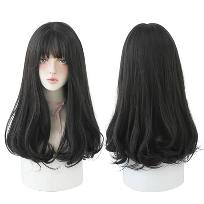 7JHHWIGS Long Wavy Synthetic Black Wigs For Women With Fringe Fashion Heat Resistant Mid-Length Daily Straight Light Brown Hair Good Vibrations