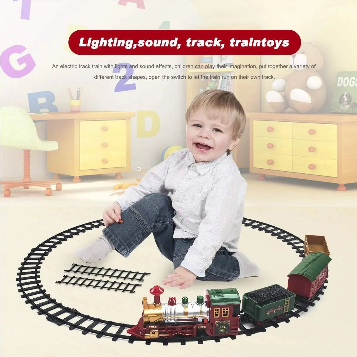 Christmas Tree Train Set - Electric Locomotive with Lights & Sounds for Toddlers, Complete Track & Carriages Holiday Decor Good Vibrations