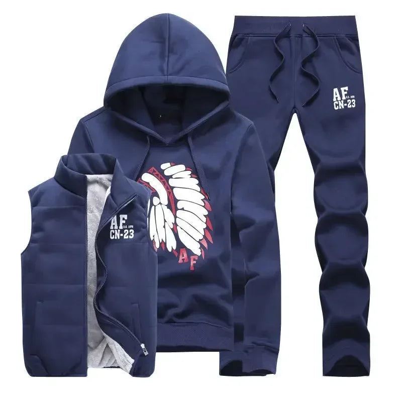 3 Pieces Set Hoodies+Vest+Pants Casual Men's Track Suit Clothing Coats Winter Thick Warm Tracksuit for Men Printed Mens Set Vest Good Vibrations