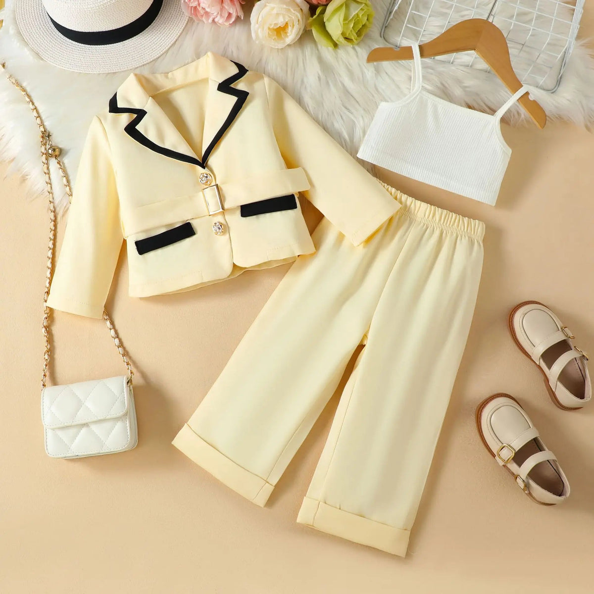 Ceeniu 4pcs Elegant Suit For Girls Children's Clothing Belted Turn-Down Collar Jacket+Camisole+Pants Luxury Girls Blazer Sets Good Vibrations