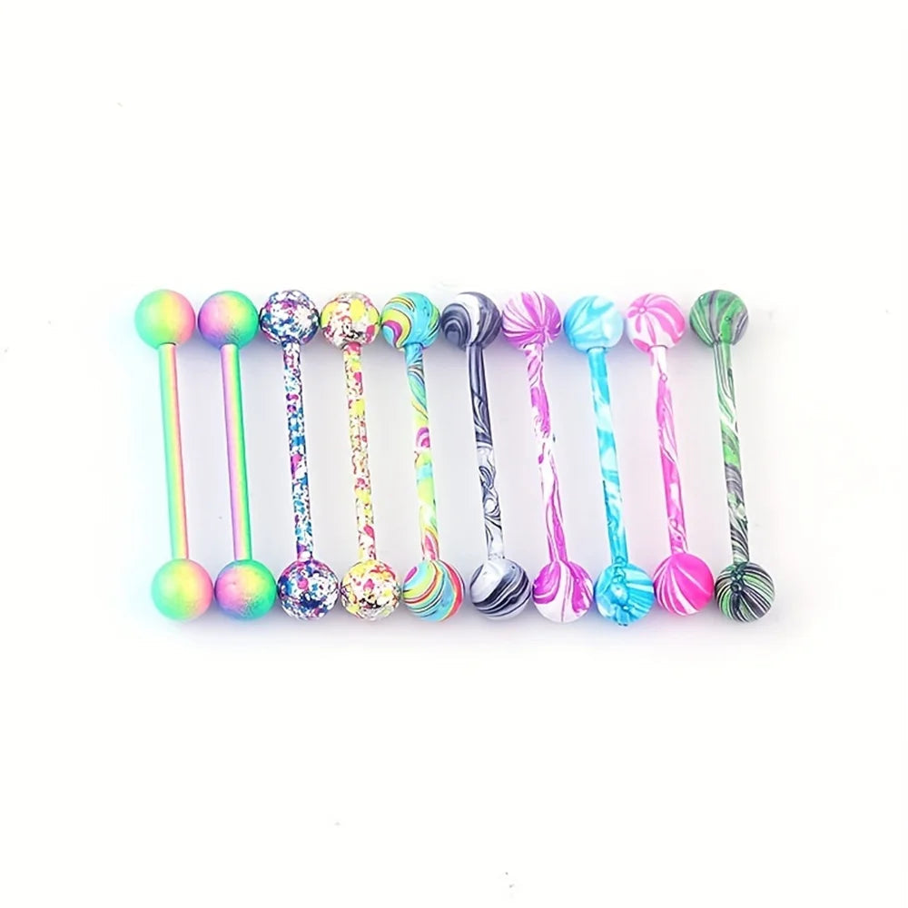 10pcs/set Tongue Rings Barbells Piercing Colorful Stainless Steel Ball Tongue Rings Barbell Bars Piercing Ring Punk For Men Wome Good Vibrations