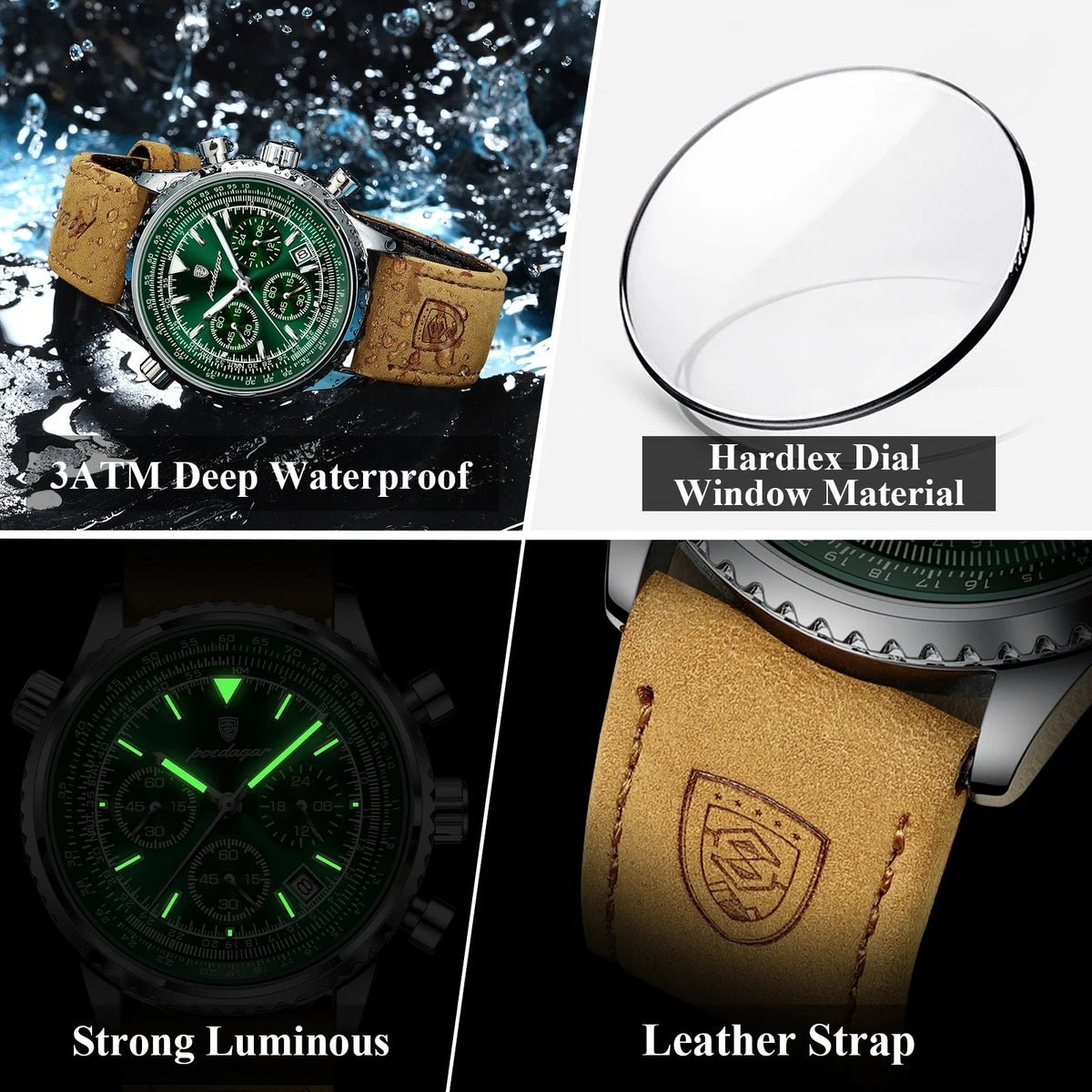 POEDAGAR Luxury Man Watch Quartz Waterproof Luminous Date Chronograph Leather Men Wristwatch Military Sports Men's Watches Reloj Good Vibrations