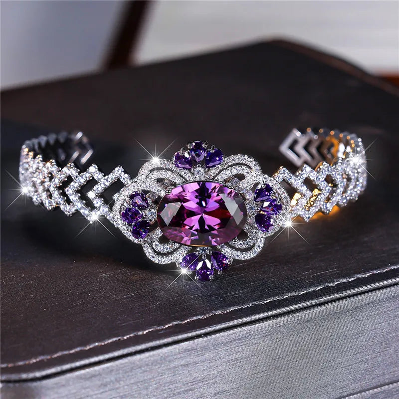 Charm Female Purple Zircon Stone Oval Bracelet Cute Silver Color Adjustable Summer Wedding Jewelry For Women Good Vibrations