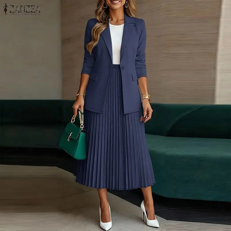 Women's Elegant Office Wear Skirt Suits Long Sleeve Blazer & A-Line Pleated Skirt 2 Pieces Sets ZANZEA Fashion Skirt Sets Outfit Good Vibrations
