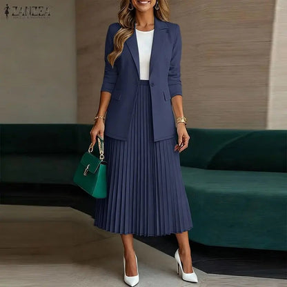 Women's Elegant Office Wear Skirt Suits Long Sleeve Blazer & A-Line Pleated Skirt 2 Pieces Sets ZANZEA Fashion Skirt Sets Outfit Good Vibrations