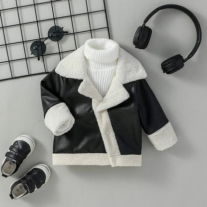 2024 Baby Boys Black Leather Coats Winter Fashion Turn-down Collar Jackets Thick Warm Outerwear Children Clothes For 3M-3Y Good Vibrations