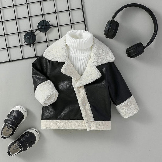 2024 Baby Boys Black Leather Coats Winter Fashion Turn-down Collar Jackets Thick Warm Outerwear Children Clothes For 3M-3Y Good Vibrations