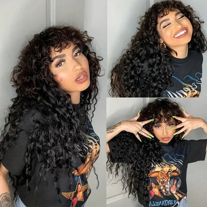 Water Wave Human Hair Wigs with Bangs None Lace Front Wigs Glueless Wigs Virgin Hair for Women 180% Machine Made Wigs Natural Good Vibrations