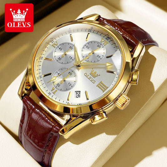 OLEVS 2872 Chronograph Men's Wristwatches Leather Strap Waterproof Luminous Original Quartz Watch for Men Luxury Sport Man Watch Good Vibrations
