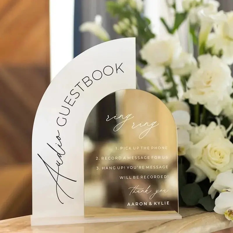 Audio Guestbook Sign,Photo Guestbook Sign,Arched Gold Mirrored Acrylic Wedding Decor,Frosted Acrylic Sign,Wedding Table Decor Good Vibrations