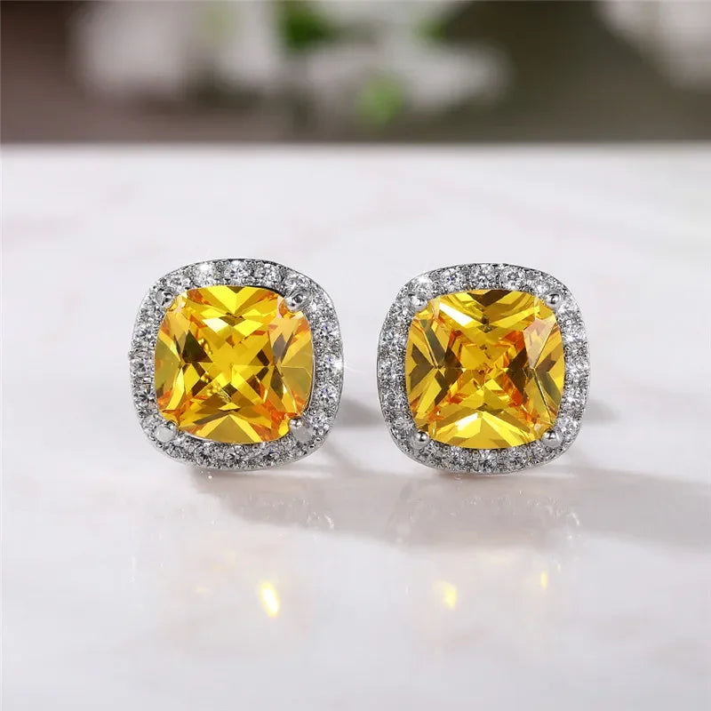Ne'w Bright White/Yellow/Pink CZ Stud Earrings for Women Fashion Contracted Jewelry High Quality Wedding Engagement Good Vibrations