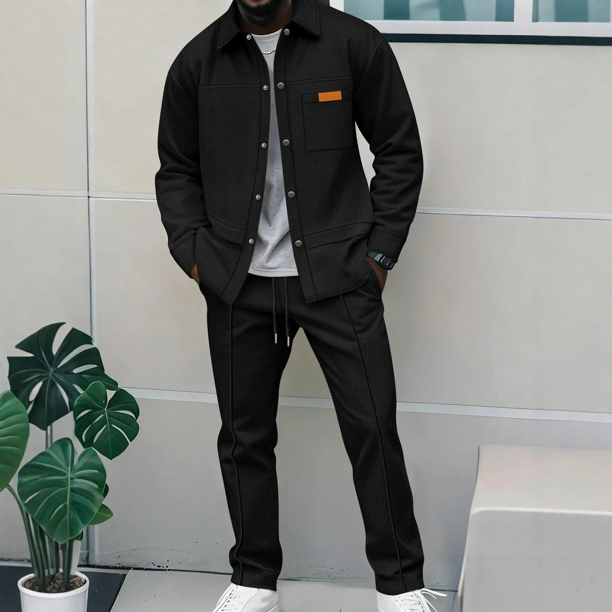 Spring and Autumn Men's High-Quality Waffle Pure Color Placket Pocket Jacket Set - A Stylish and Casual Two-Piece Outfit Good Vibrations
