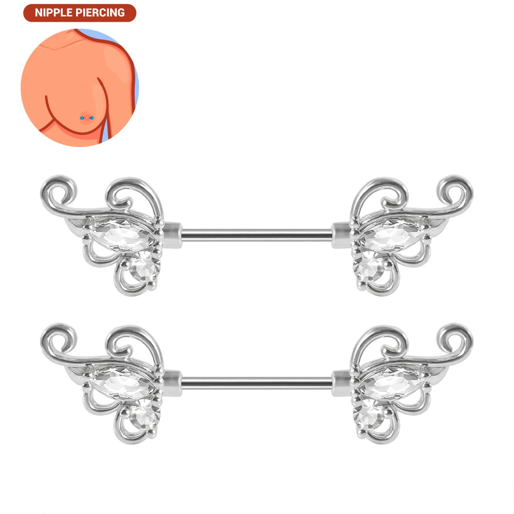 1pair Nipple Piercing Stainless Steel Nipple Rings CZ Butterfly Heart Nipple Barbell For Women Girls 16G Body Piercing Jewelry Good Vibrations