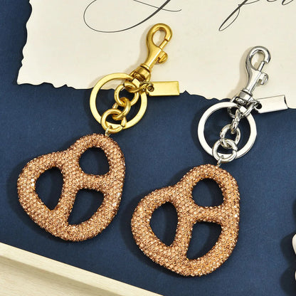 Rhinestone Pretzel Bag Charm Keychain Crystal Gold Hardware Sparkly Purse Pendant Accessory Cute Funny Foodie Gifts For Friends Good Vibrations