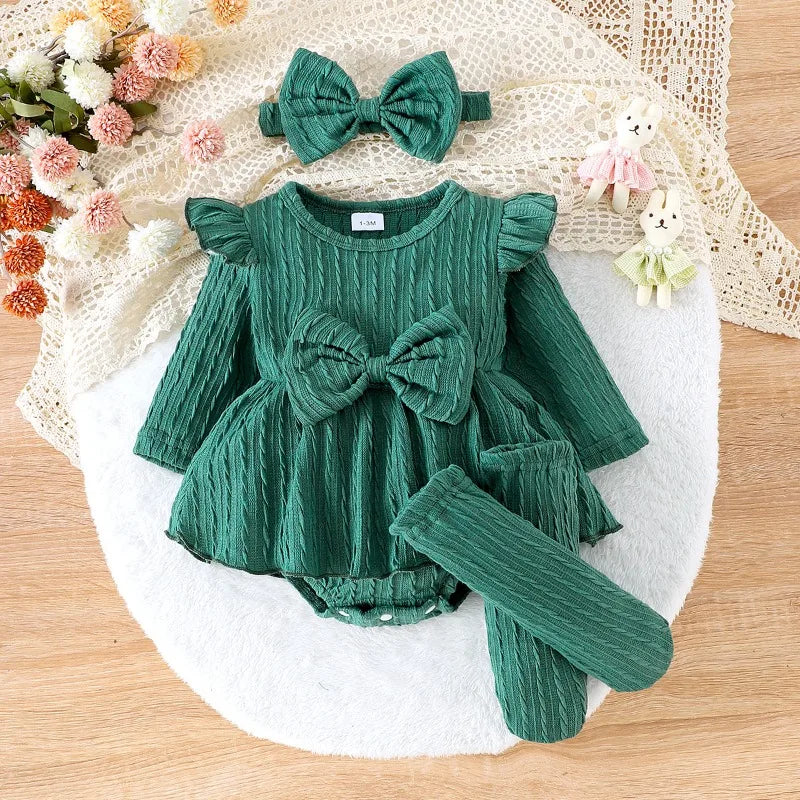 Autumn Winter Baby Girl Sets Purple Green Pink Red Ruffle Long Sleeve Bodysuit+Socks+Headwear Infant Birthday Party Wear D0141 Good Vibrations